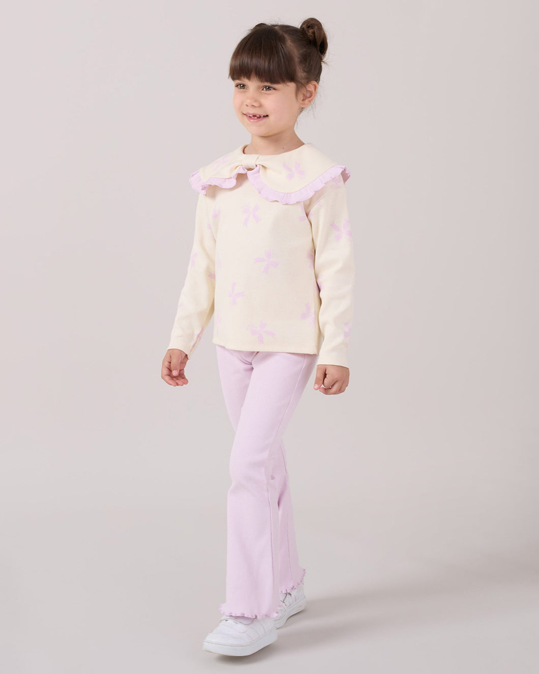 Girls Lilac Bow Print Frilly Collar Top & Leggings