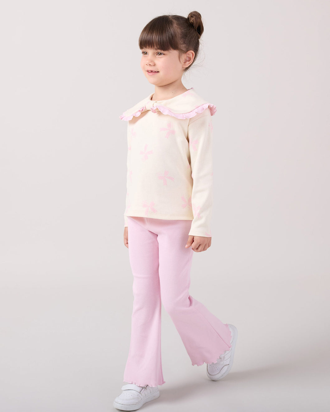 Girls Pink Bow Print Frilly Collar Top & Leggings