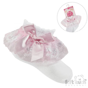 White & Pink Floral Lace Sock