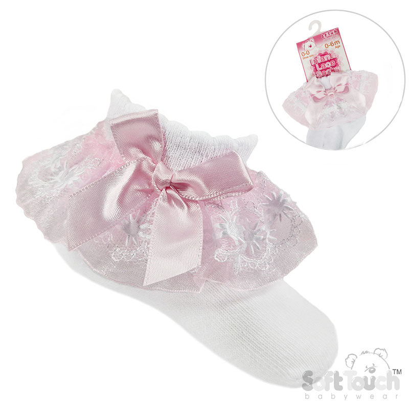 White & Pink Floral Lace Sock