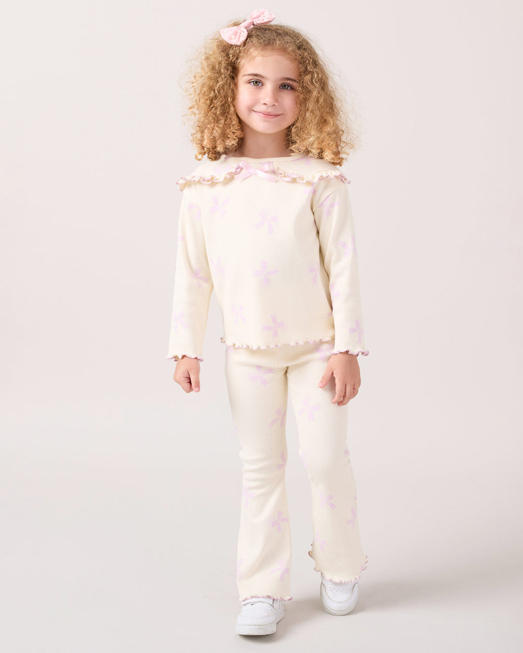 Girls Pink Bow Print Frilly Collar Top & Leggings