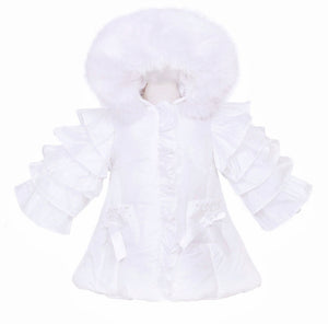 Baby Girl White Puffer Jacket with Faux Fur