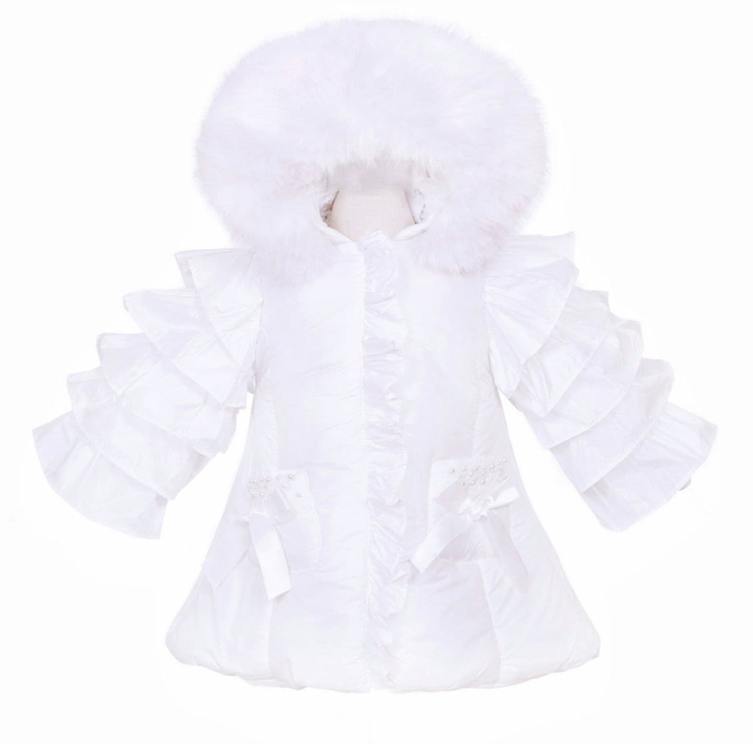 Baby Girl White Puffer Jacket with Faux Fur
