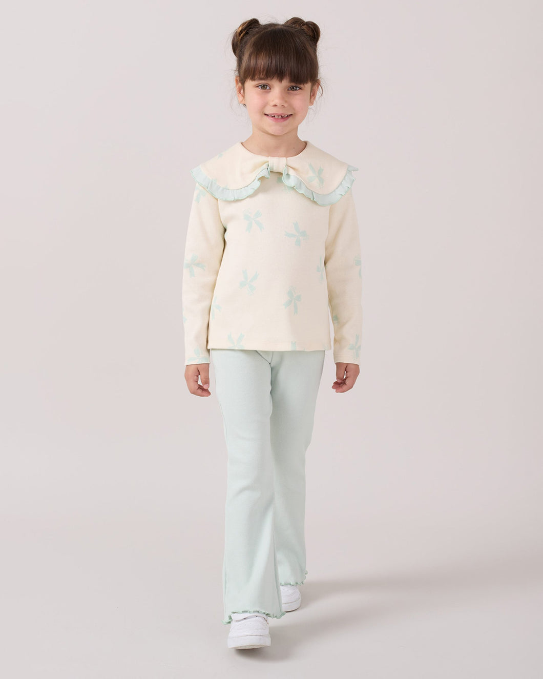 Girls Mint Bow Print Frilly Collar Top & Leggings