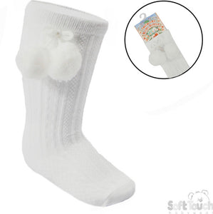 White Pom Pom Knee High Socks