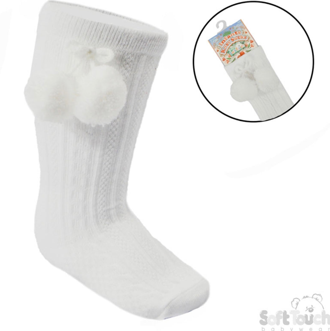 White Pom Pom Knee High Socks