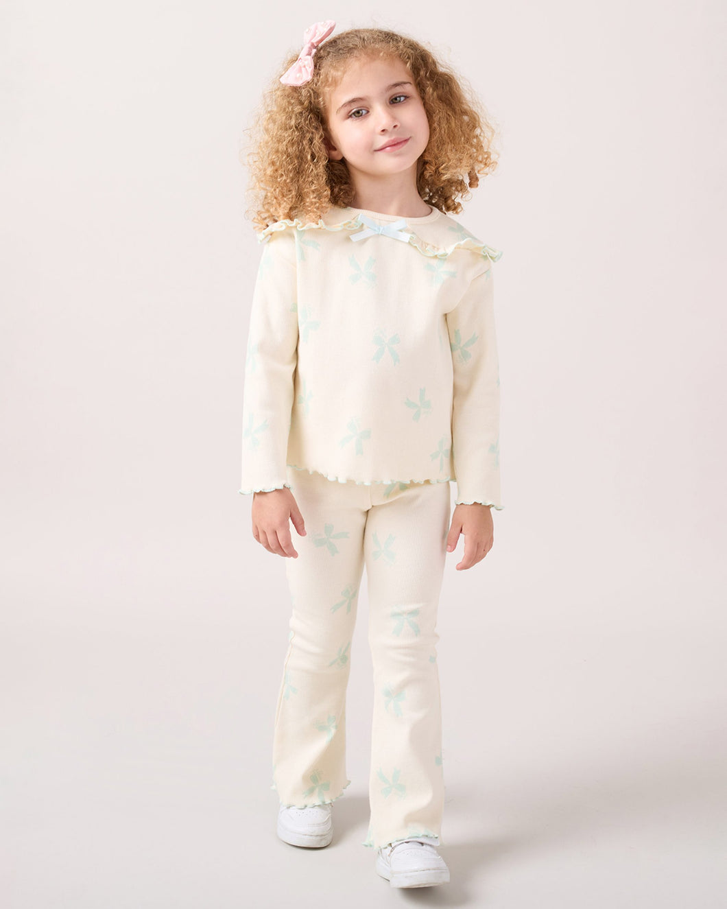 Girls Mint Bow Print Frilly Collar Top & Leggings