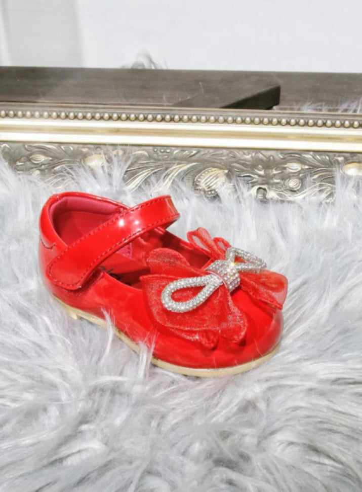 Girls Diamonte Bow Hard Sole Shoe