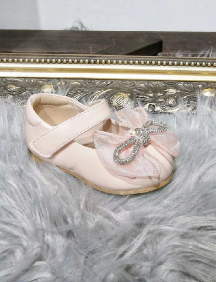 Girls Diamonte Bow Hard Sole Shoe