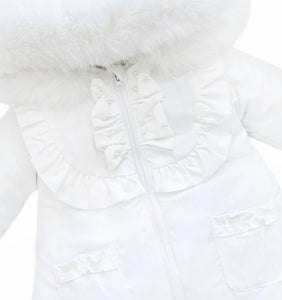Baby Girl White Puffer Jacket with Faux Fur