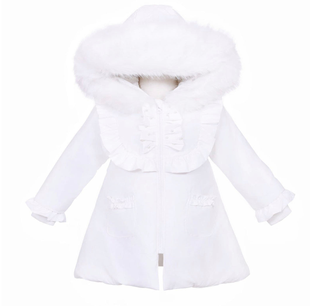 Baby Girl White Puffer Jacket with Faux Fur