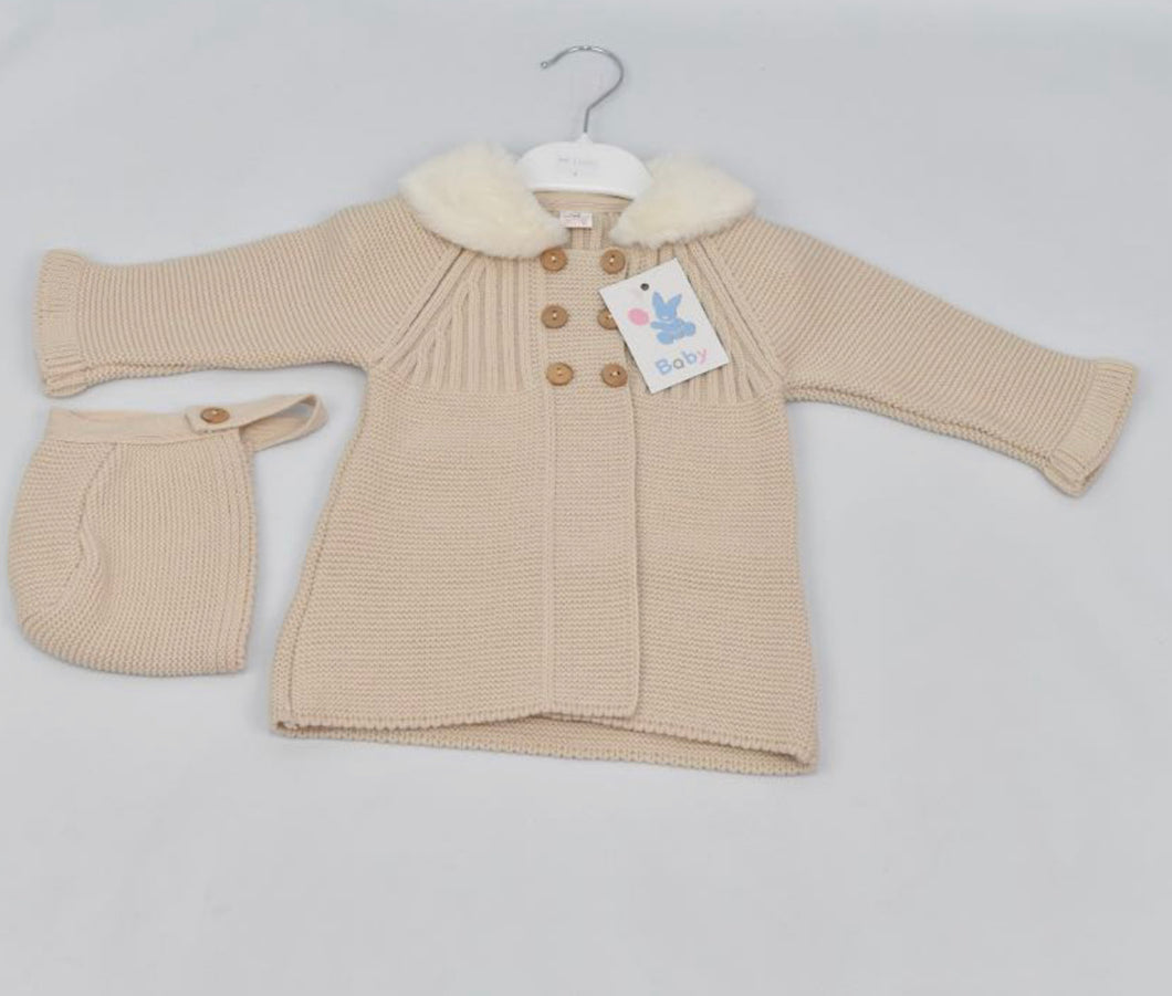 Knitted Cardigan with Bonnet in Beige