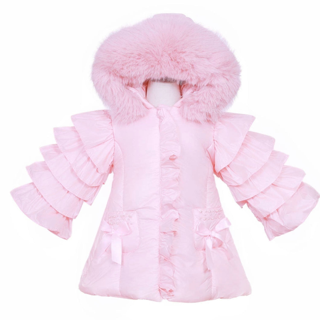 Baby Girl Pink Puffer Jacket with Faux Fur