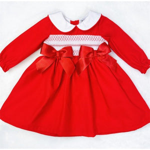 Red Cotton Smocked Puff Ball Dress