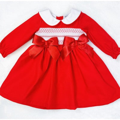 Red Cotton Smocked Puff Ball Dress