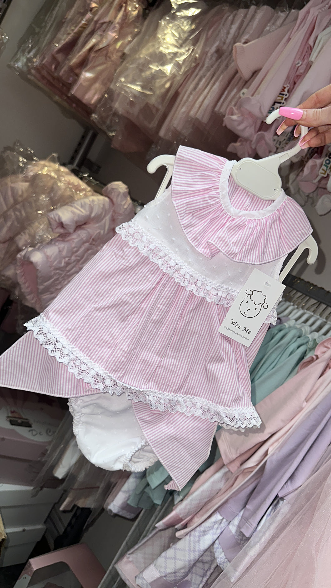 Pink Baby Girls Stripe Dress with Bow Bloomers
