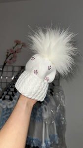 White Double Pom Floral  Hat