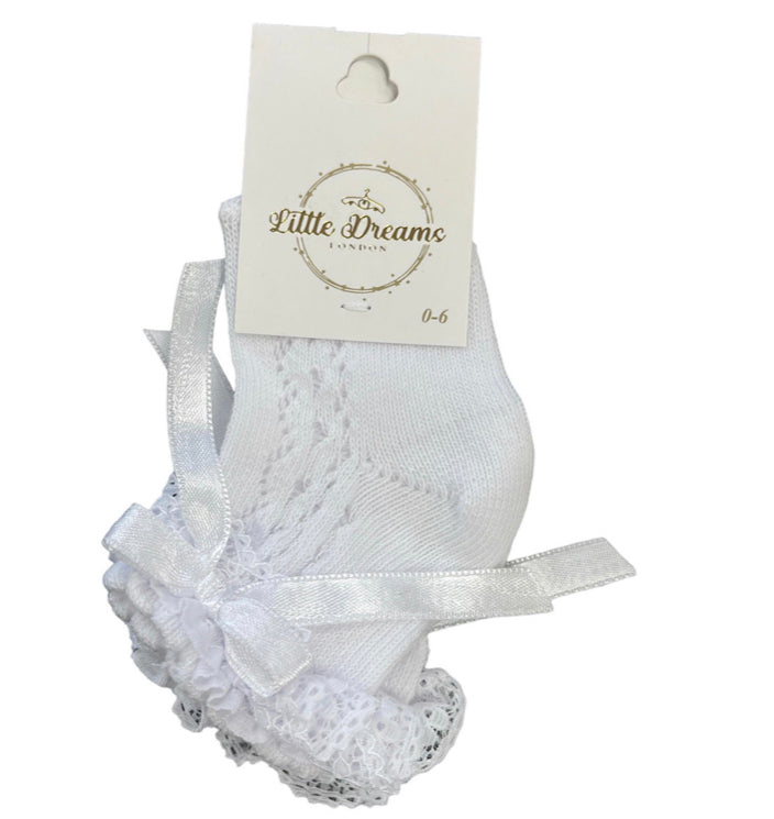 White Knitted Frilled Bow Ribbon Ankle Socks