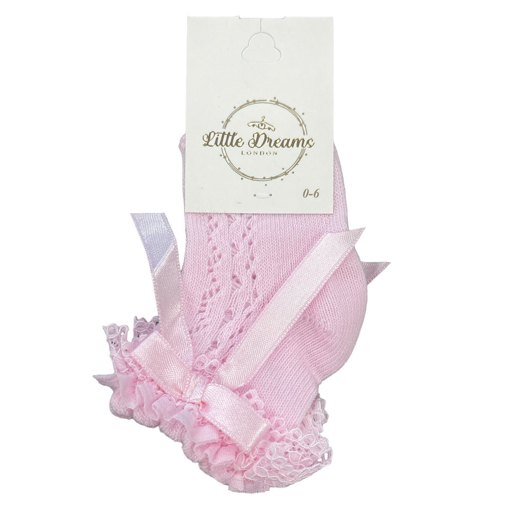 Pink Knitted Frilled Bow Ribbon Ankle Socks