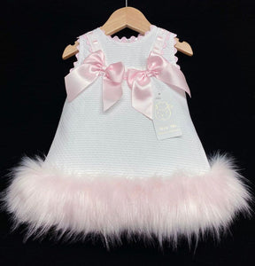 Pink & White Fur A Line Dress with Bows