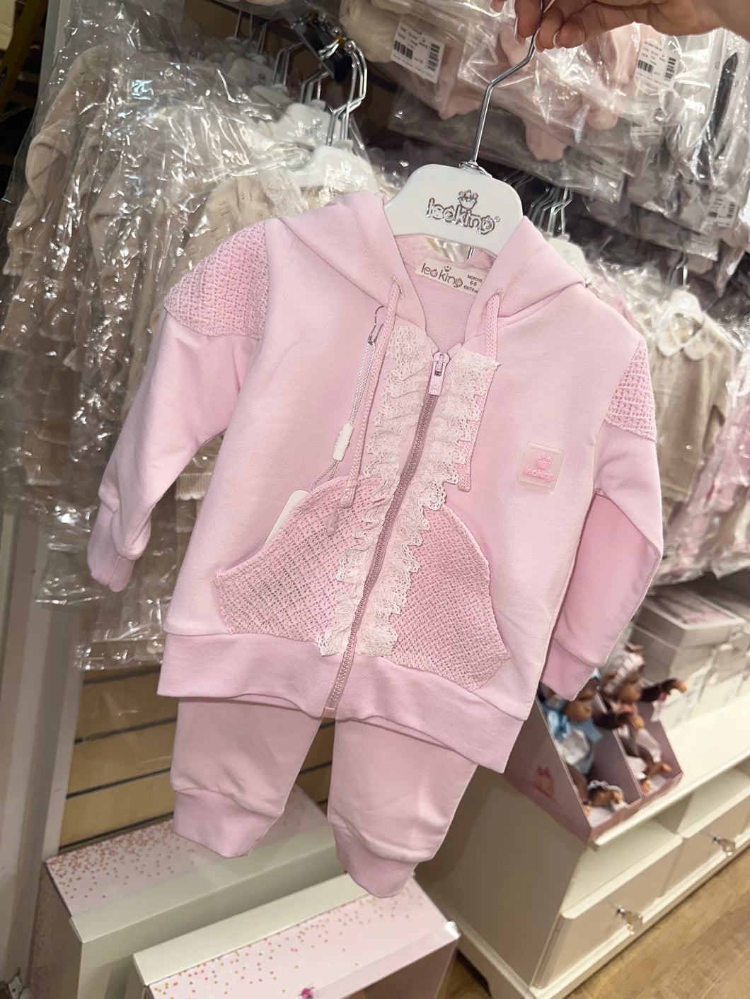 Baby Girls Frilly Tracksuit in Pink, Beige & White