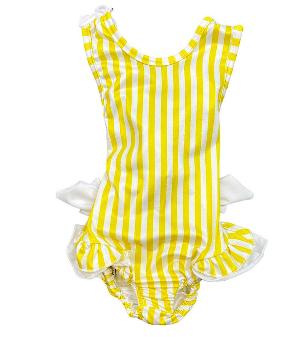 Lemon Striped Ruffle Cross Back Swimsuit