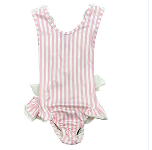 Pink Striped Ruffle Cross Back Swimsuit