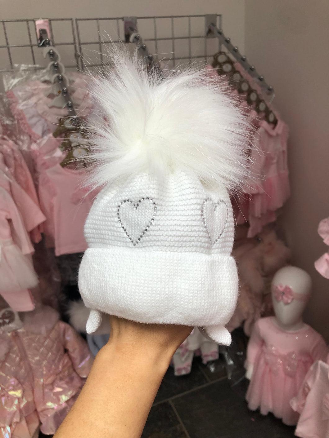 Sweetheart Diamonte Heart Pom Hat in White
