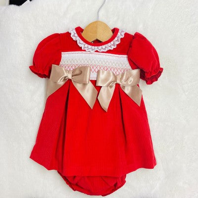 Red Velour Hand Smocked Bow A Line Dress with Bloomers