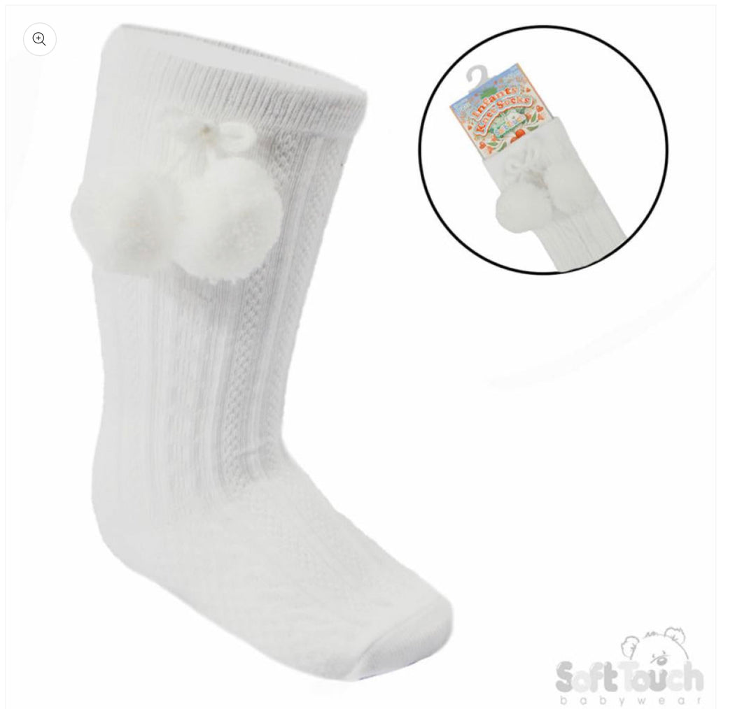 White Peraline Pom Pom Knee High Socks