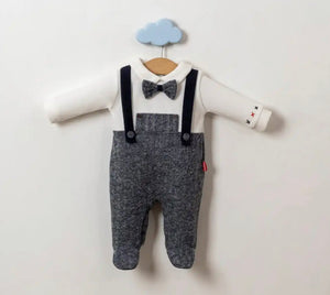 Baby Boys All in One Braces Romper with Attached Bow Tie (0-9M)