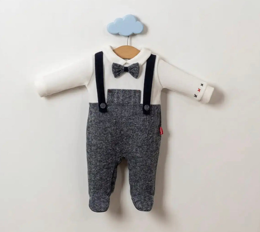 Baby Boys All in One Braces Romper with Attached Bow Tie (0-9M)