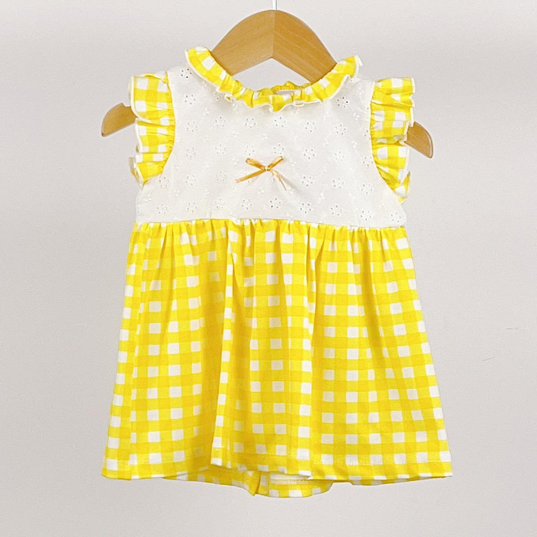 Yellow Contrast Broderie & Gingham Dress 6-24M