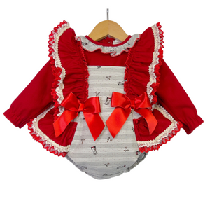 Red & Grey Stripy Animal Print Frilly Romper