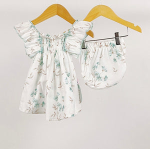 Floral Print Mint Ruffle Sleeve Dress 2PC Set 3-18M
