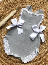 Load image into Gallery viewer, Baby Girls Grey Spanish Knitted Romper with Bows
