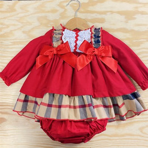 Baby Girls Red & Beige Puff Ball Red Dress with Bloomers