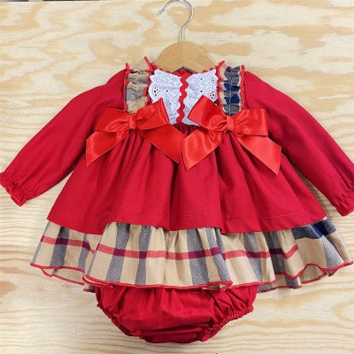 Baby Girls Red & Beige Puff Ball Red Dress with Bloomers