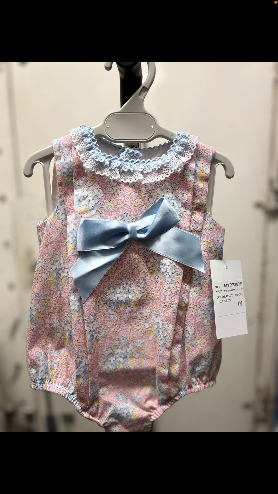 Pink Floral Romper with Satin Bow