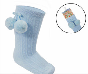 Blue Pom Pom Knee High Socks