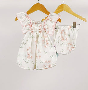 Floral Print Pink Ruffle Sleeve Dress 2PC Set 3-18M
