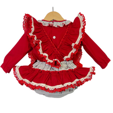 Load image into Gallery viewer, Red &amp; Grey Stripy Animal Print Frilly Romper
