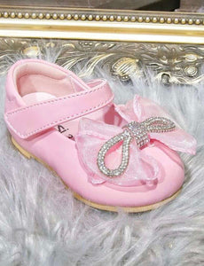 Girls Diamonte Bow Hard Sole Shoe