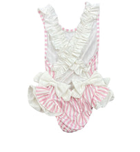 Load image into Gallery viewer, Pink Striped Ruffle Cross Back Swimsuit
