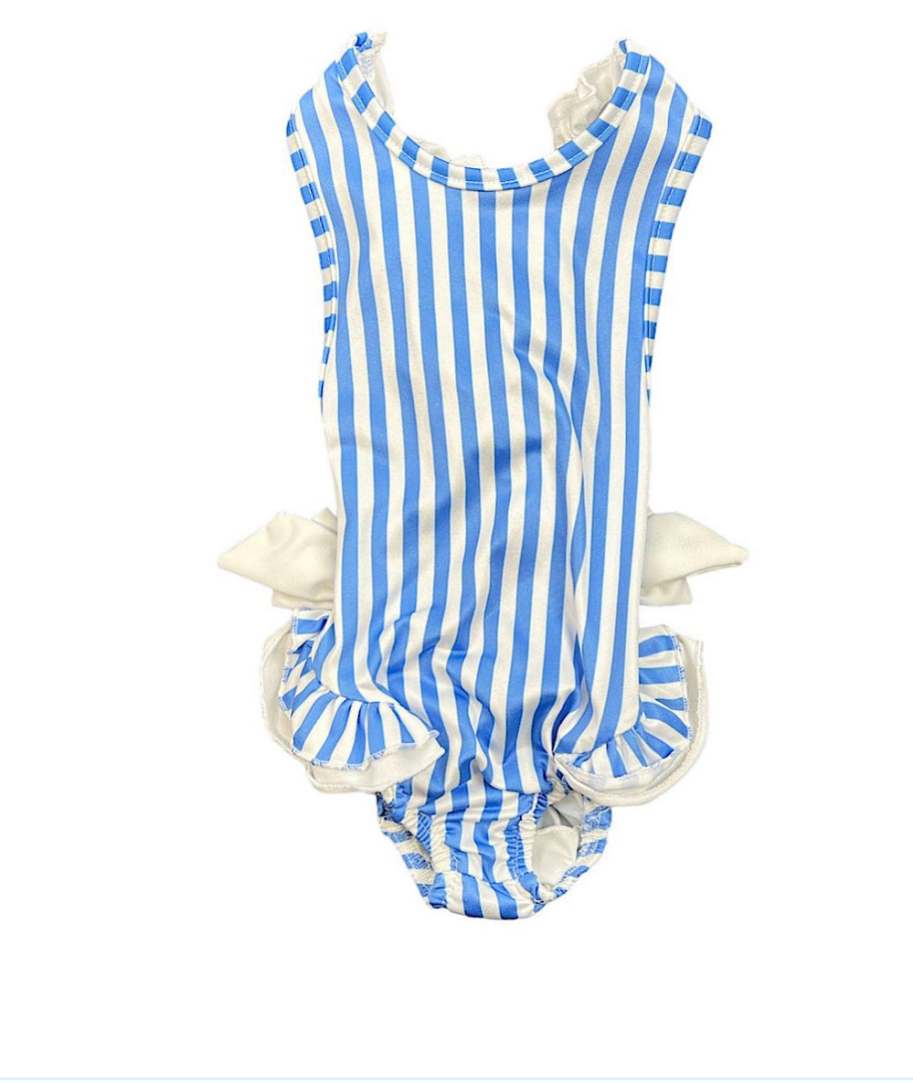 Blue Striped Ruffle Cross Back Swimsuit