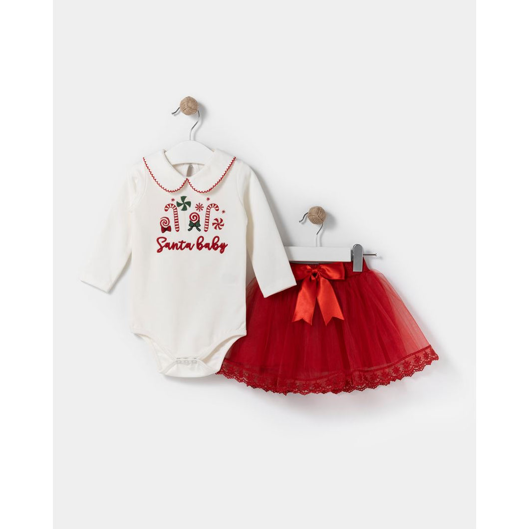 Baby Girls ‘Santa Baby’ White Babygrow with Tutu Skirt