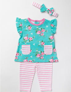 Pique Stripe & Floral Print 3PC Set 3-24M