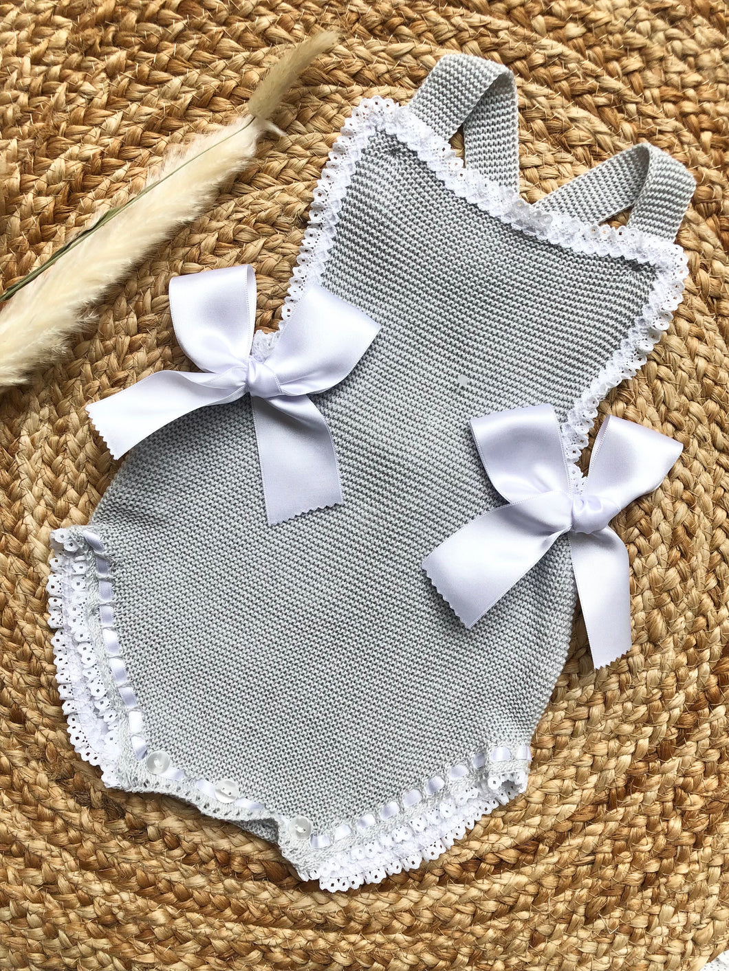 Baby Girls Grey Spanish Knitted Romper with Bows