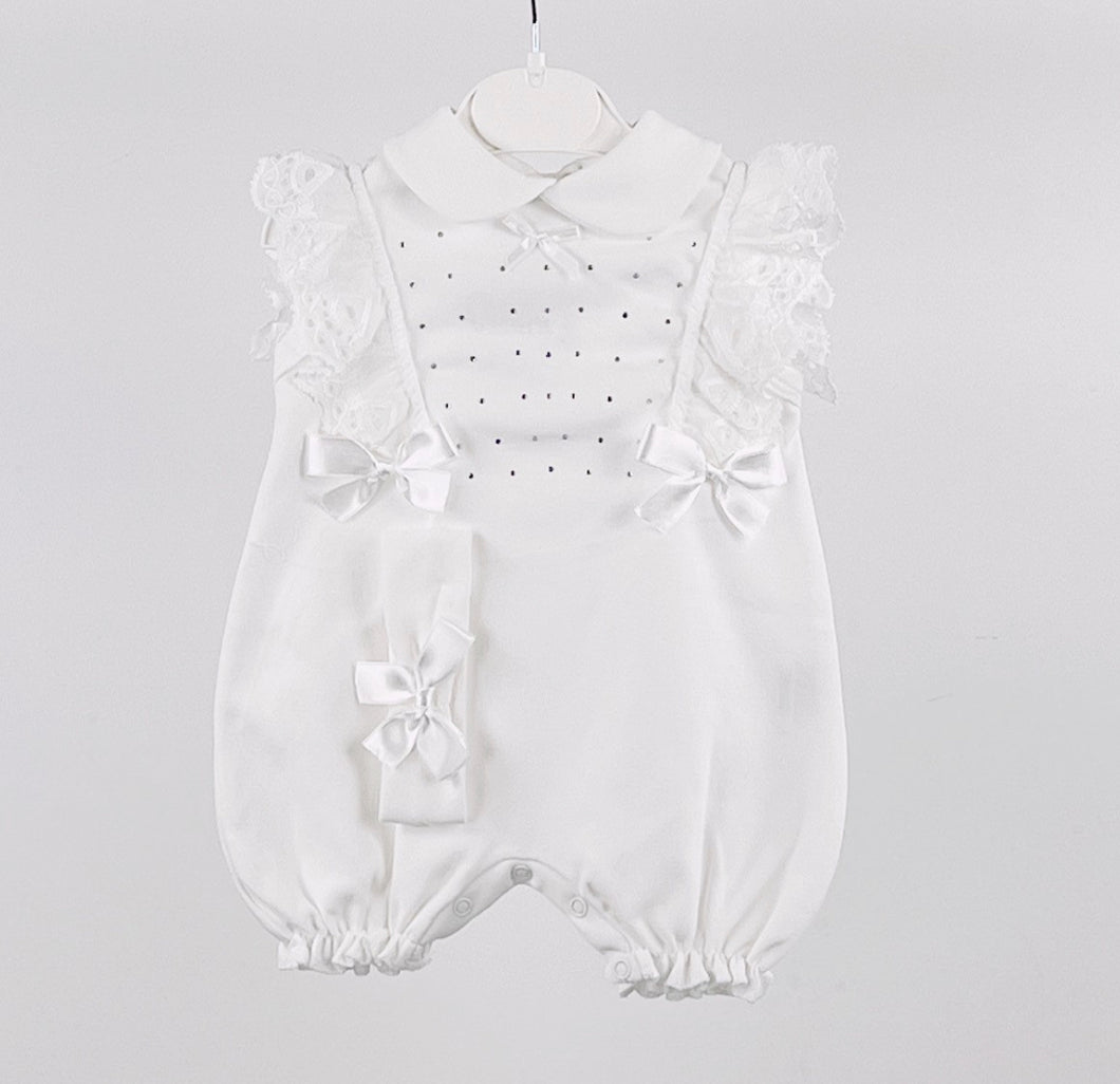 Visara Baby Girls Diamonte Romper with Headband (0-6m)