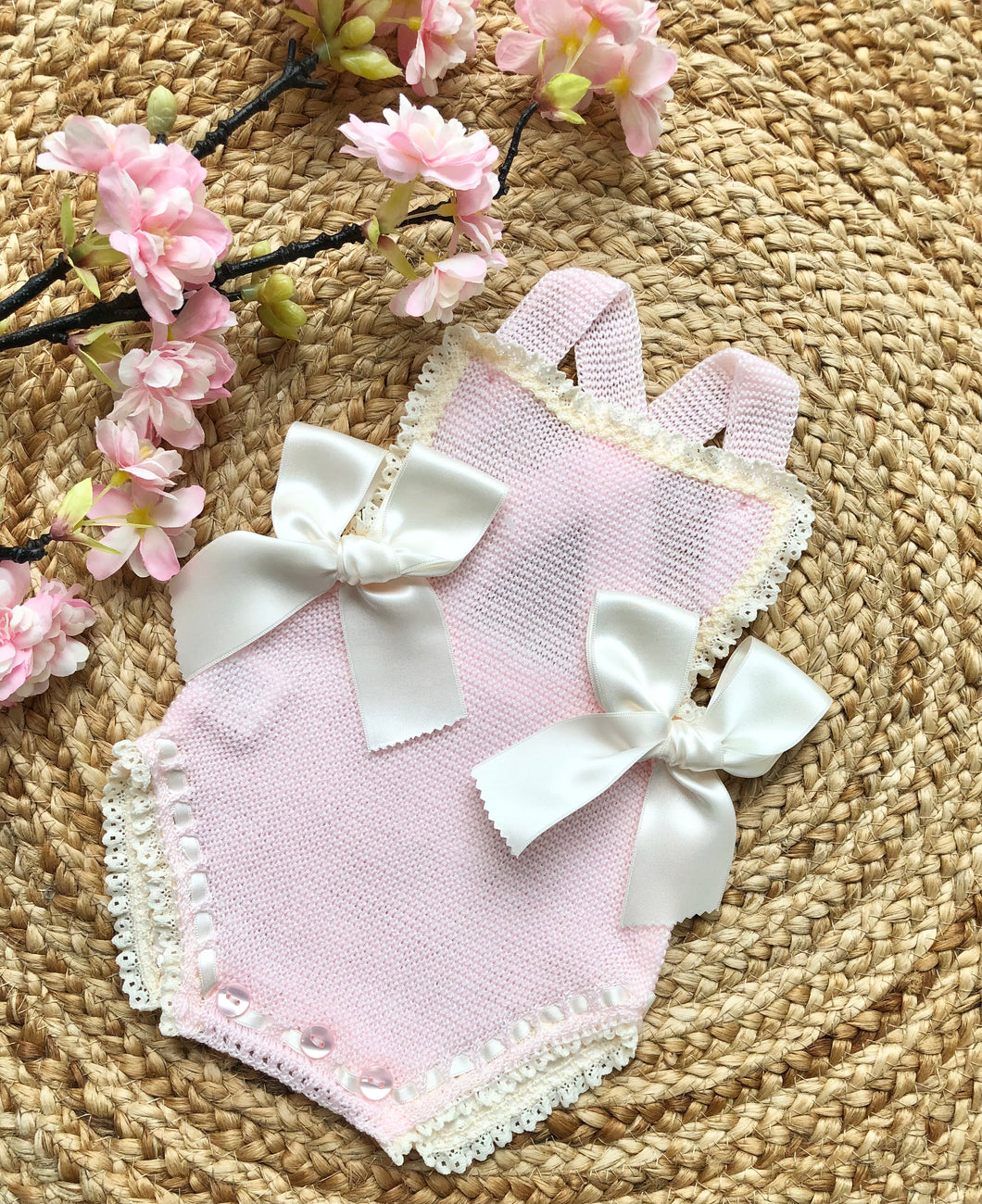 Baby Girls Pink Spanish Knitted Romper with Bows